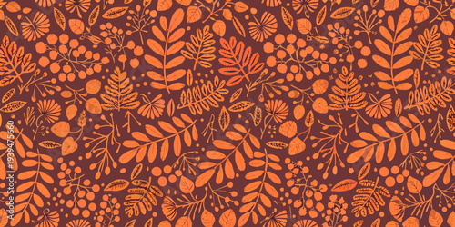A seamless pattern of various botanical illustrations in shades of orange