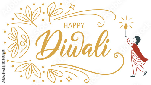 Happy Diwali vector illustration with elegant golden typography, decorative floral elements, and a child holding a lit sparkler, perfect for festive greeting cards and banners.