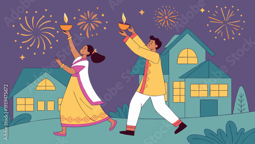 Joyful Indian Couple Celebrating Diwali Festival with Lit Diyas and Fireworks Against a Night Sky with Houses, Vector Illustration