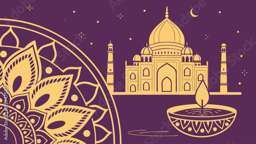 Golden Taj Mahal and intricate mandala vector illustration on a purple background, featuring a traditional lit diya lamp, perfect for Indian festival designs and cultural celebrations.
