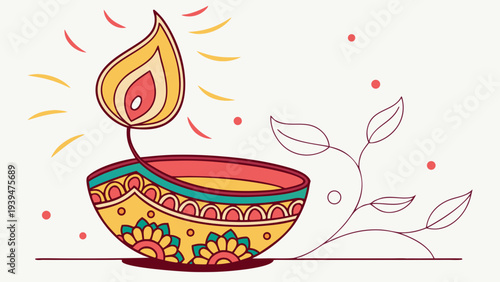Traditional Indian Diwali oil lamp vector illustration with decorative patterns and glowing flame, perfect for cultural festival designs and holiday greetings