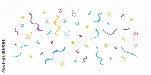 Colorful confetti and streamers scattered across a bright white background