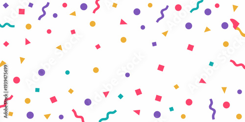 Colorful confetti and geometric shapes scattered across a white background