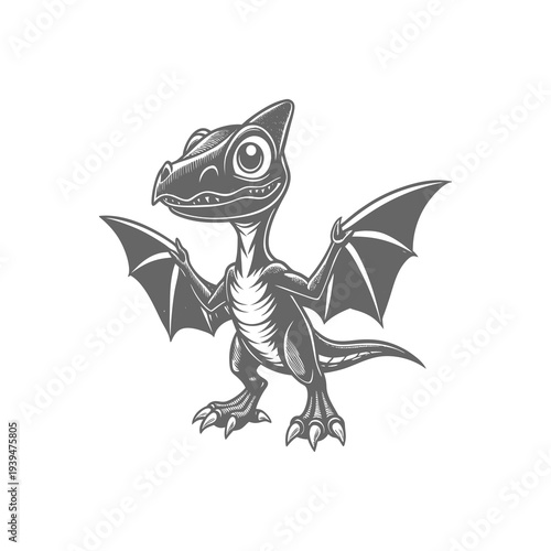 A cute, cartoon-style baby Pterodactyl with large eyes and outstretched wings, rendered in grayscale.