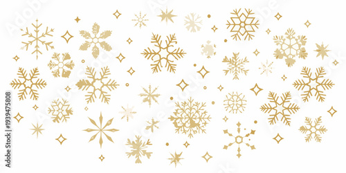 Golden snowflakes and dots scattered across a pristine white background