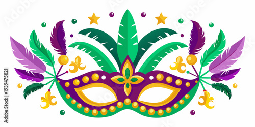 Colorful mardi gras mask with feathers stars and golden beads displayed