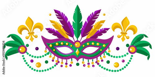 Colorful mardi gras mask with feathers beads and fleur de lis elements
