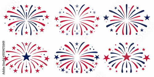 Stylized fireworks display in red white and blue patterns