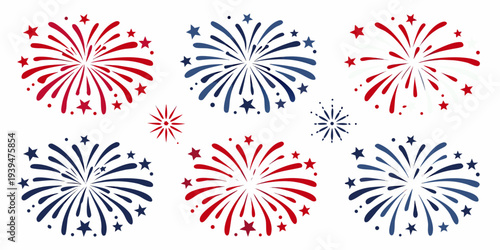 Colorful fireworks displays in red white and blue burst across a white background
