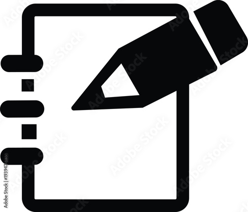 Pen Writing on Notebook Icon – Black Vector.