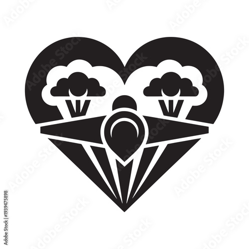 A black heart shape encompasses a landscape with clouds and a moon