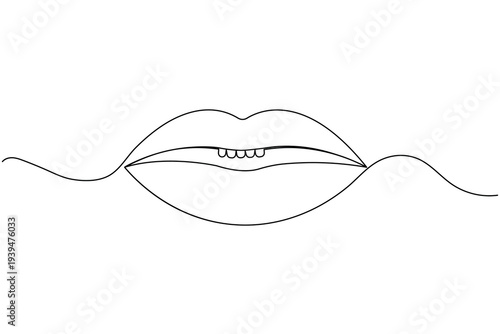 Minimalist continuous one line drawing of human lips with teth. Elegant black line art on white background, perfect for beauty, fashion, and modern decor concepts.