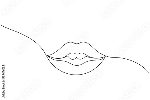 Minimalist continuous one line drawing of human lips with teth. Elegant black line art on white background, perfect for beauty, fashion, and modern decor concepts.