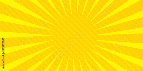 Yellow abstract background with light of sunburst. yellow starburst with halftone. sun ray retro background with flash pattern art gradient