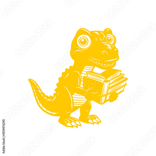 A cute yellow cartoon dinosaur standing and holding a stack of books, depicted in a simple graphic style.