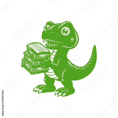 A cute green cartoon T-Rex dinosaur holding a stack of books, symbolizing learning or knowledge.