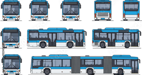 City Public Transport Bus Vector Set Showing Front Side Rear and Articulated Bus Views Modern Urban Transit Vehicle Illustration Collection