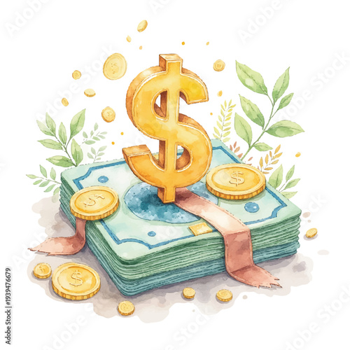 A stack of money with gold coins and dollar sign on top.