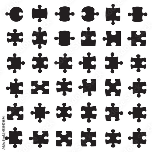 Vector illustration of a seamless jigsaw puzzle pattern and icon set featuring colorful pieces as a concept for teamwork and business solutions