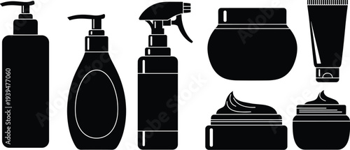 Cosmetic Packaging Bottle and Cream Jar Silhouette Set Lotion Pump Spray Tube Beauty Product Container Vector Illustration Collection