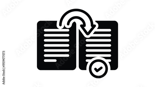 Icon depicting an open book with a circular arrow and checkmark symbolizing updates or verification