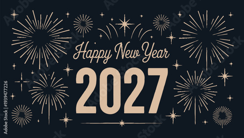 A festive new year celebration featuring sparkling fireworks and golden typography