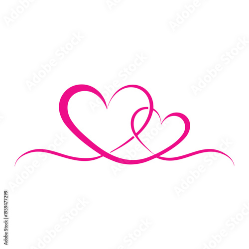 Two intertwined pink hearts with swirling lines on a white background two hearts