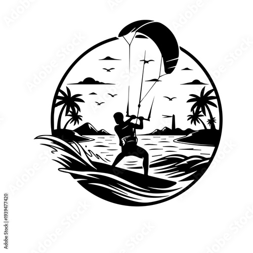 Untitled-63.aiKitesurfing on Tropical Beach Silhouette Vector Illustration – Ocean Adventure Water Sport Design