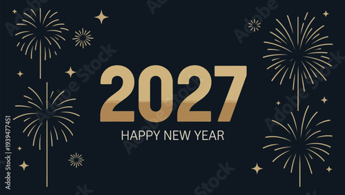 Golden new year 2027 celebration with fireworks and festive design elements