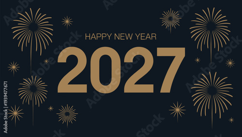 Golden new year 2027 celebration with festive fireworks display on dark background
