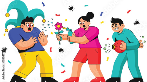 Friends playing funny tricks colorful flat vector illustration