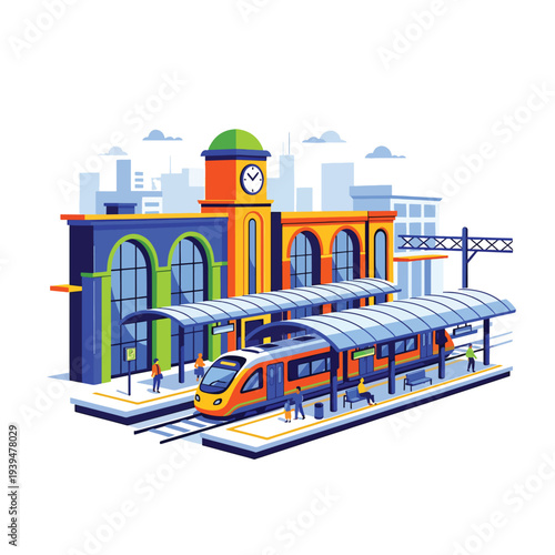 Colorful Train Station with Clock Tower.