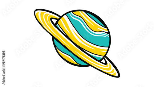 Colorful illustration of a stylized planet with rings resembling saturn