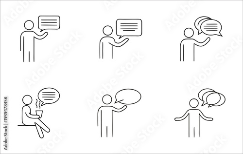 Minimal Communication and Conversation Line Icon Set, People Talking with Speech Bubble Outline Icons for Chat, Messaging, Discussion and Customer Support