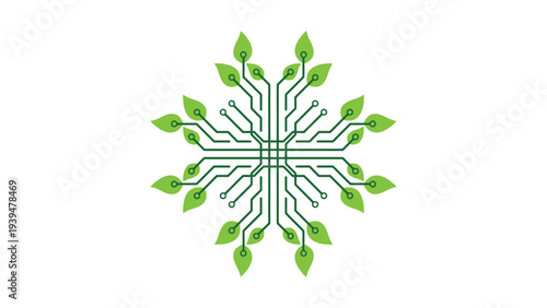 A stylized digital snowflake composed of green leaf-like branches and lines