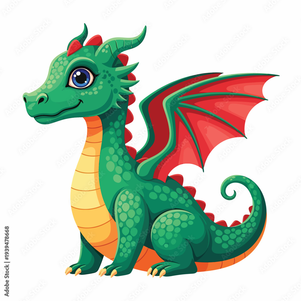 Obraz premium Cartoon Green Dragon with Red Wings.