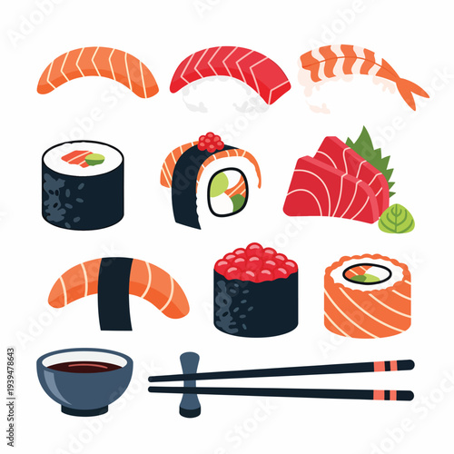 Assorted Sushi and Sashimi with Chopsticks.
