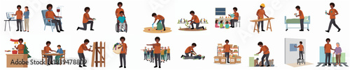 Flat Cartoon Various Volunteer Activity Scenes Black Hair Man Illustration