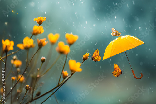 Surreal Concept of Butterflies with Yellow Umbrella in the Rain Among Wildflowers