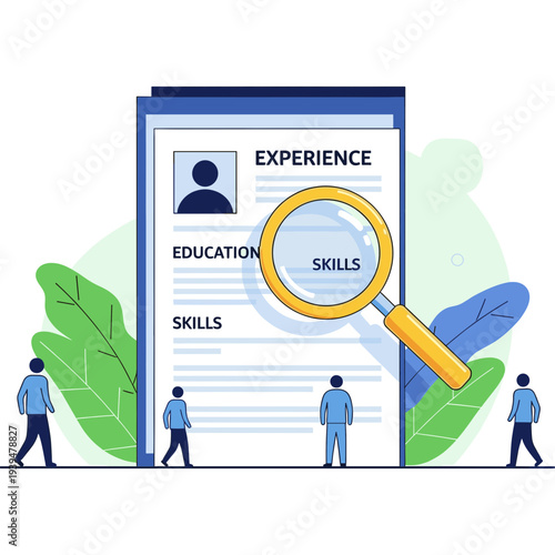 CV Spotlight: A concise representation of a resume or curriculum vitae is the focal point, with a magnifying glass meticulously examining areas crucial for job application.