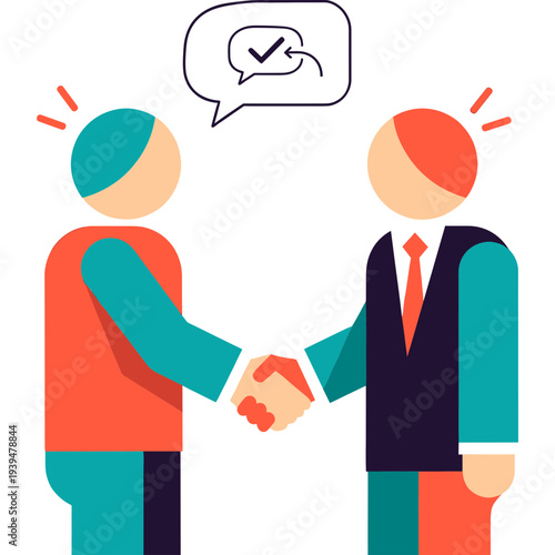 Handshake Deal: Two figures seal a business agreement with a firm handshake, symbolizing partnership, trust, and mutual success. A speech bubble above conveys the confirmation.