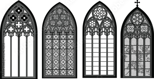 Black silhouette vector collection of ornate gothic arched windows featuring intricate tracery design for medieval church or cathedral architecture illustration