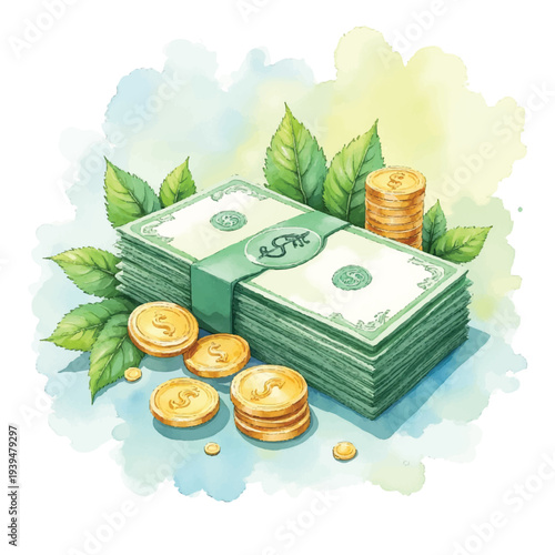 Stack of money with green leaves and gold coins.