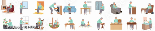 Simple Lifestyle Elderly Woman Doing Various Activities Illustration Set