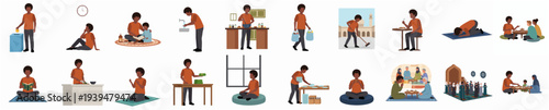 Detailed Flat Illustration Depicting a Set of Daily Activity of a Person