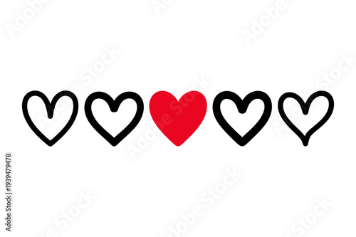 A minimalist vector graphic of five hearts in a row with one red heart