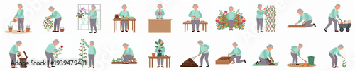 Simple Flat Style Senior Woman Gardening and Planting Activity Illustration Set