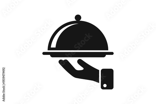 A minimalist vector graphic of a hand holding a covered serving dish with a modern design
