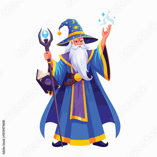 Cartoon Wizard Casting Magic Spell.