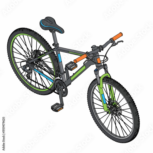 Mountain Bike with Orange Handlebars and Green Frame.